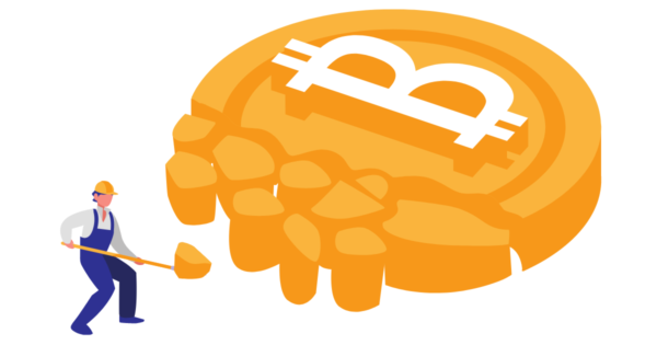 Bitcoin mining play on words. A cartoon figure digging from a golden Bitcoin